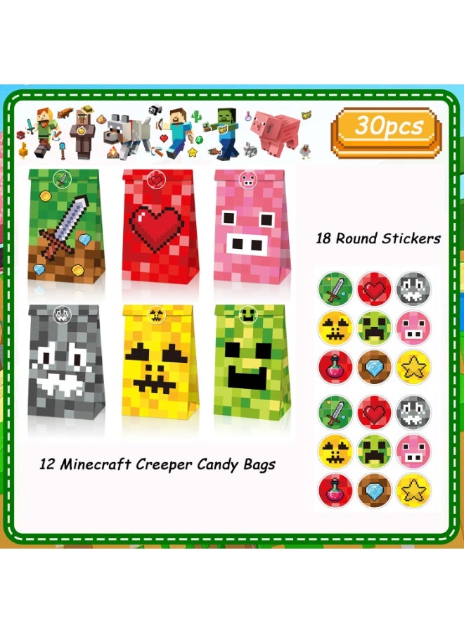 ILovhaprty 30pcs Minecraft Candy Bags Set with Stickers - 12 Pixel Game Treat Bags with 6 Different Styles + 18 Round Stickers Creeper Theme Party Favors for Kids Birthday Party Supplies - Image 2